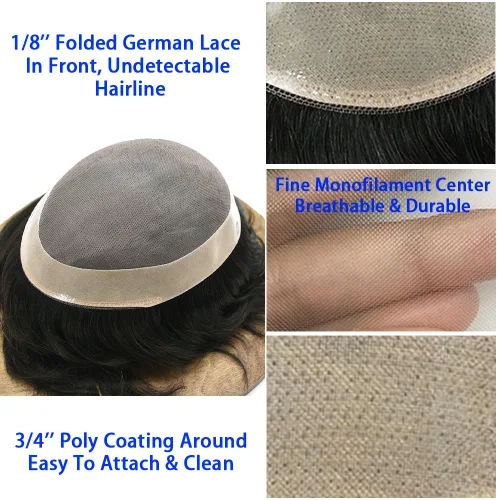 Vista 3 de Toupee de cabello humano fino mono revestido de poliéster para hombre, postizo de monofilamento duradero NPU monofilamento tupé para hombres