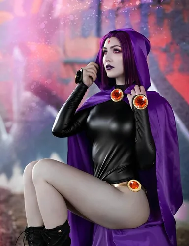 Vista 2 de Kitimi Disfraz de Raven TeenTitans para cosplay, disfraz de Raven para mujer, overol con capa morada, disfraz de cosplay de Halloween para mujer