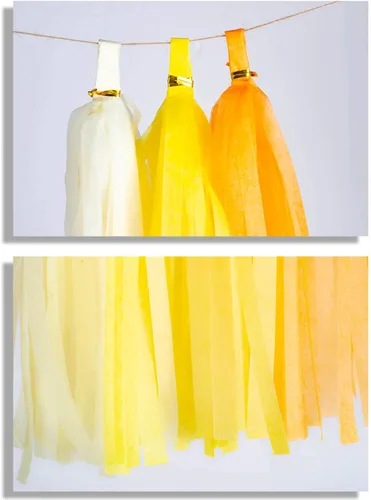 Vista 3 de 30 guirnaldas de borlas brillantes beige, amarillo y naranja para decoraciones de fiesta