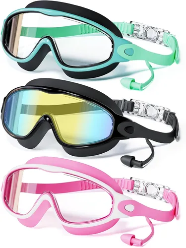 Vista 11 de Paquete de 3 gafas de natación para niños, con tapones para los oídos, marco grande, antivaho, UV, visión amplia, para niños y niñas de 4 a 12 años