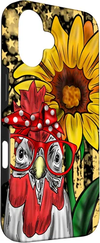 Vista 3 de iPhone 16 doméstico pollo vidrio bandera americana girasol retro divertido caso