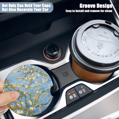 Vista 5 de Portavasos de automóvil – Posavasos de cerámica absorbente con flor de almendro, posavasos Van Gogh para bebidas, accesorios interiores
