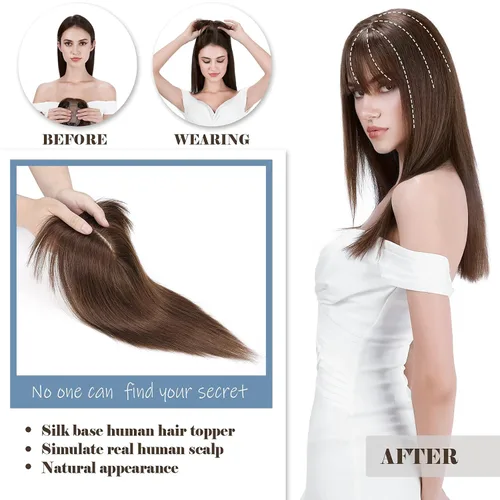 Vista 4 de Hairro Toppers de cabello humano para mujer, clip en Remy Topper postizo con flequillo, clip en tupé con flequillo Wispy Flequillo, pérdida