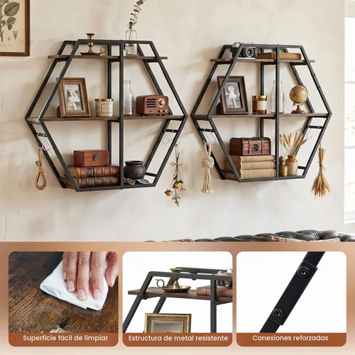 Vista 9 de Tangkula Estante hexagonal de pared, estantería geométrica de 3 niveles con 4 ganchos en forma de S y marco de metal resistente, estante