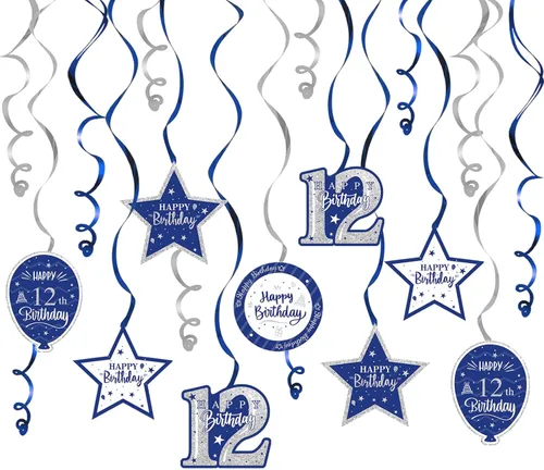 Vista 64 de Decoración de fiesta de serpentinas con purpurina azul y plateada de feliz 11º cumpleaños, 15 piezas de remolinos colgantes de 11 cumpleaños, cartel