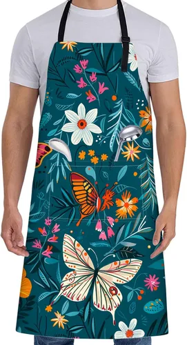 Vista 11 de Delantal de dragón para mujer con arte ardiente y helado, 27 x 31 pulgadas, delantales de cocina de fantasía con 2 bolsillos, Mariposa 01