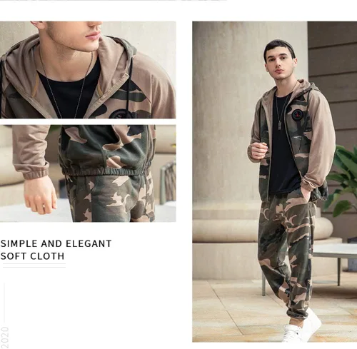 Vista 3 de Conjunto deportivo de 2 piezas con capucha para hombre, casual, cómodo, camuflaje, para hombre