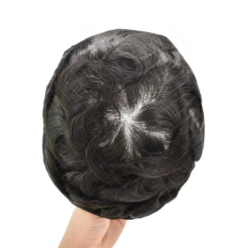 Vista 4 de Toupee - Pieza de pelo para hombre, 100% atada a mano, sistema de unidades de repuesto de cabello humano Remy europeo para hombres, duradero, fino