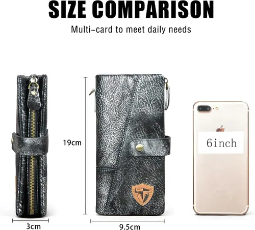 Vista 3 de Genuino caballo loco cuero viaje regalo moneda bolsillo tarjeta caso largo organizador cadena Rfid monedero con broche para hombres hombres 1803