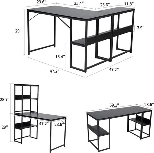 Vista 3 de UNICOO Escritorio multifunción para computadora con 3 combinaciones. Escritorio para computadora en forma de L con estantes, escritorio de estudio