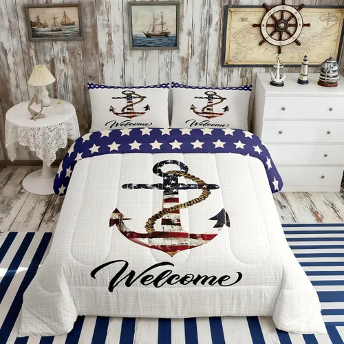 Vista 39 de Juego de edredón Lake House tamaño Twin, juego de ropa de cama náutica de navegación con ancla de 2 piezas para decoración de habitación de niños