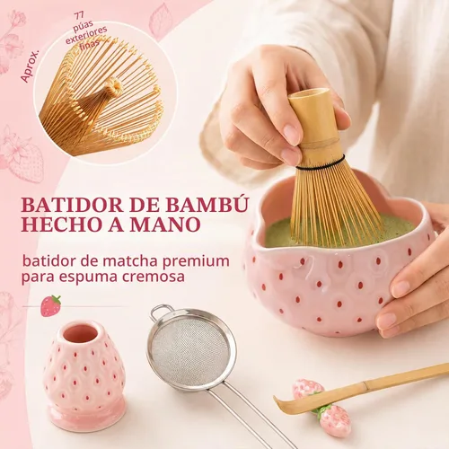 Vista 6 de Juego de batidor de matcha, juego de 7 piezas de matcha de fresa con Pajita rosa