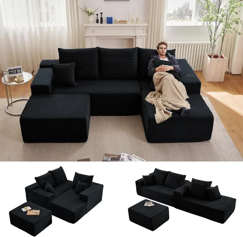 Vista 37 de Sofá modular Cloud de 95 pulgadas con otomana, moderno sofá nube en forma de U con asiento profundo, cómodo sofá de pana de 3 plazas, sofá de espuma