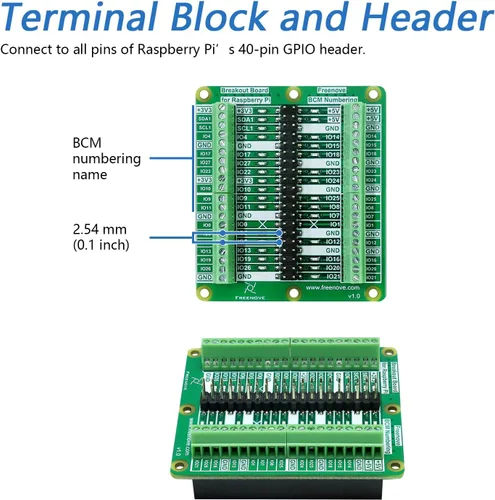 Vista 5 de Freenove Placa de ruptura para Raspberry Pi 5 / 4B / 3B+ / 3B / 3A+ / 2B / 1B+ / 1A+ / Zero 2 W/Zero W/Zero, protector de bloque de terminales