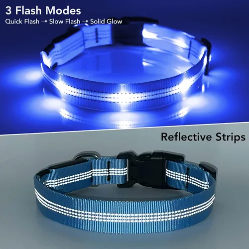 Vista 6 de Weesiber Collares de perro con luz LED, collar recargable con luces LED, luces reflectantes ajustables para perros para caminar por la noche