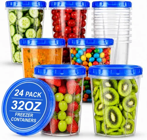 Vista 9 de RFAQK 24 recipientes de almacenamiento para congelador con tapas - 12 recipientes de plástico para delicatessen de 16 oz con 12 tapas de rosca