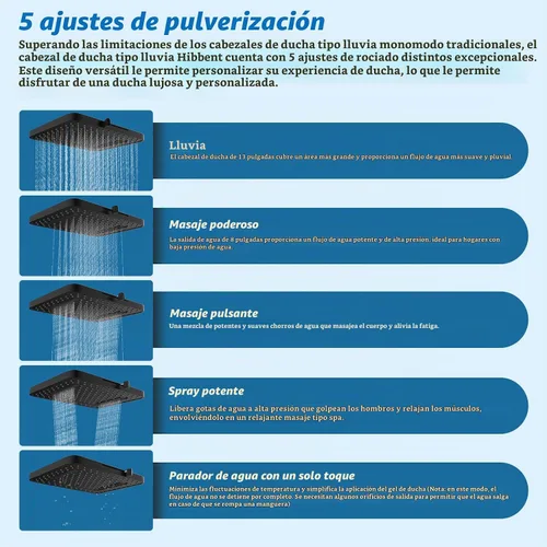Vista 2 de Hibbent cUPC Certificado Combo de Cabezal de Ducha de 13'', Cabezal de Ducha de Lluvia de Alta Presión con 5 Modos de Rociado, Ducha de Mano con 10