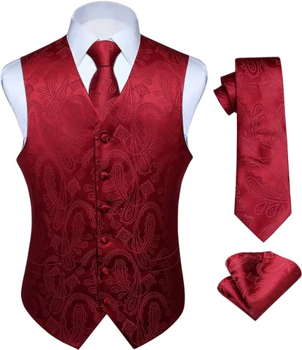 Vista 31 de HISDERN Conjunto de 3 piezas de chaleco formal para hombre, chaleco formal de cachemira floral jacquard corbata bolsillo cuadrado chalecos
