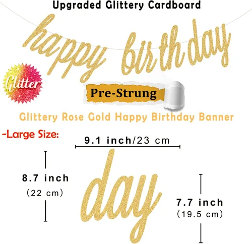 Vista 2 de KOKAR Decoraciones doradas de feliz cumpleaños: pancarta dorada de feliz cumpleaños, pompones de papel, remolinos colgantes y guirnalda de puntos