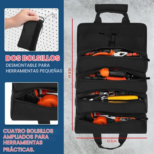 Vista 3 de BAQRAXIA Bolsa de herramientas, caja de herramientas pequeña enrollable, organizador de herramientas resistente con 2 bolsas de herramientas Negro