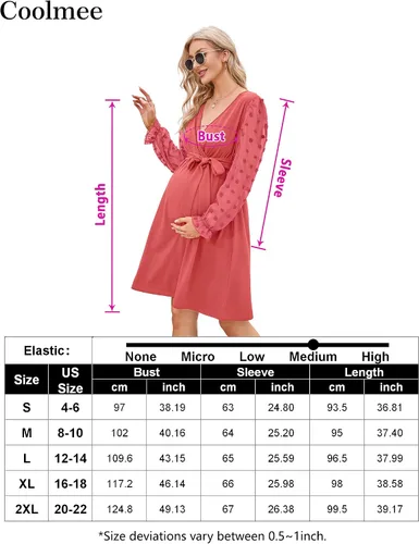Vista 6 de Vestido de maternidad de manga larga con lunares suizos, cuello en V, para otoño, casual, bohemio, vestido midi para baby shower, sesión de fotos