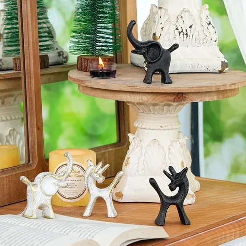 Vista 3 de Sungmor Juego de 2 figuras de hierro fundido de elefante y unicornio - Esculturas rústicas en negro para estante, escritorio o entrada - Estatuas