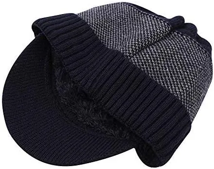 Vista 3 de XIAOHAWANG Gorro de invierno para hombre con visera de cable de punto con forro polar de retazos a rayas con ala para deportes al aire libre