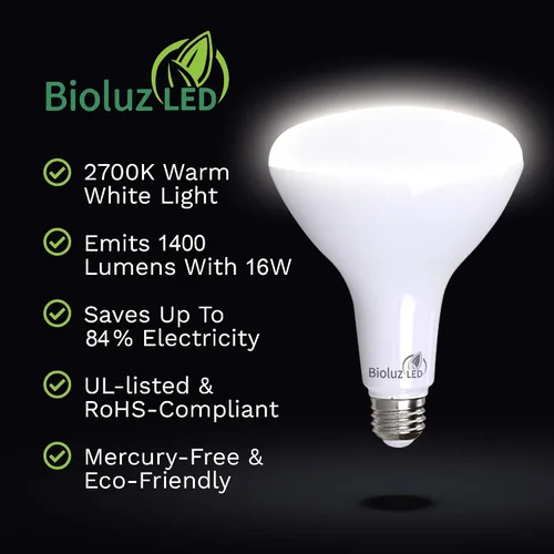 Vista 4 de Bioluz Paquete de 4 Bombillas de Luz LED BR40 Más Brillantes - 90 CRI Encendido Instantáneo Blanco Cálido 2700K Bombillas de Luz 16W 1400 Lúmenes