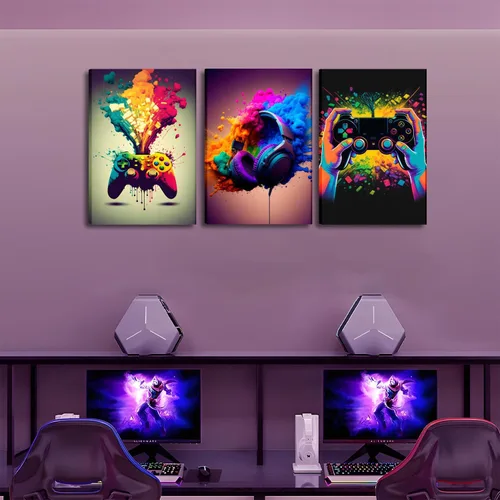Vista 4 de Juego de Arte de Pared para Decoración de Sala de Juegos de 3 Piezas - Decoración de Pared de Control de Videojuegos para Gamers, Póster de Lienzo