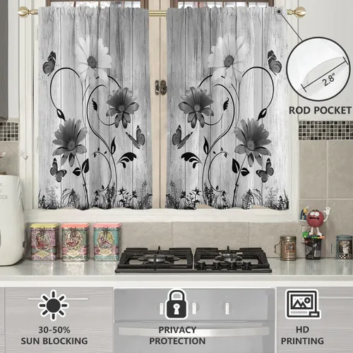 Vista 3 de AAtter Cortinas florales blancas y negras para ventana de cocina, diseño abstracto de hojas grises, pequeñas, cortas, para el hogar, sala de estar