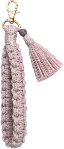 Vista 7 de Llavero de macramé bohemio hecho a mano con borla para mujer, llavero con llavero A_café