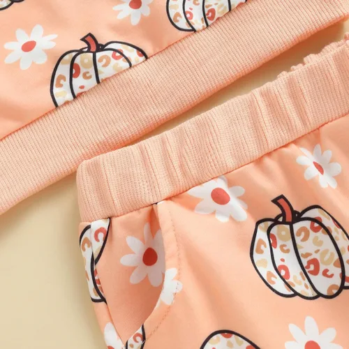 Vista 7 de Conjunto de sudadera de calabaza para niñas pequeñas de Halloween y pantalones cálidos, ropa de otoño e invierno