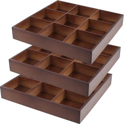 Vista 9 de FUNSUEI Bandeja de madera de 3 compartimentos múltiples, bandeja de madera para servir con 20 secciones, organizador de cajones de madera, caja