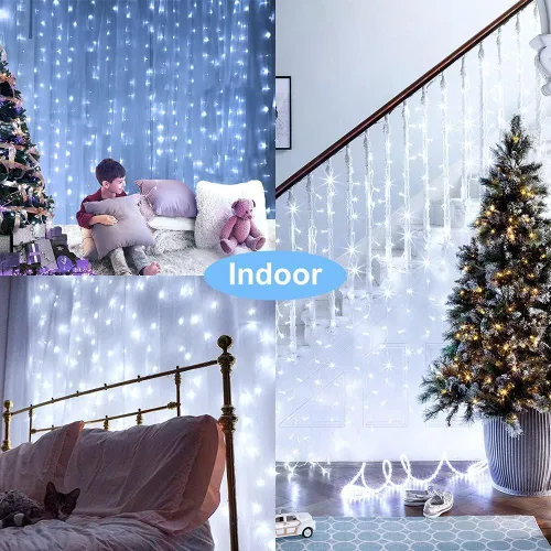 Vista 6 de Luces de cortina solares para exteriores, 300 luces LED en forma de cascada, 8 modos, control remoto, luces impermeables para cascada, para cenador
