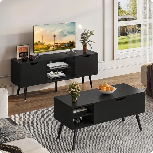 Vista 7 de ALINE FURNITURE - Soporte de TV negro para televisores de 50, 55, 60+ pulgadas - Consola multimedia con 2 gabinetes y estantes abiertos, patas