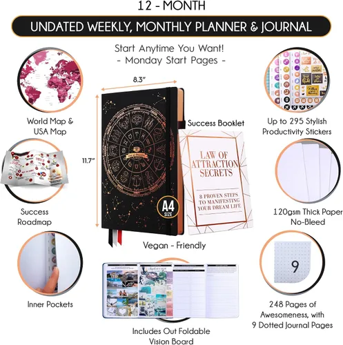 Vista 2 de Planificador de Vida - Agenda Semanal y Mensual Sin Fecha, Viaje de 12 Meses para Aumentar la Productividad Diario de Gratitud, Organizador