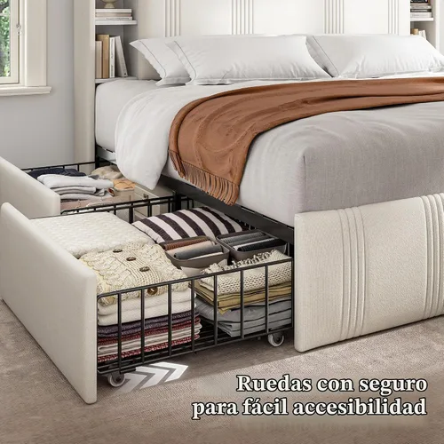 Vista 7 de EnHomee Base de cama de tamaño matrimonial con 4 cajones de almacenamiento y cabecero tapizado, marco de cama matrimonial con LED, estación de carga