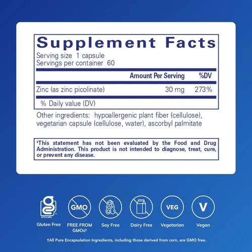 Vista 2 de Pure Encapsulations - Zinc 30 mg. Suplemento de picolinato de zinc para el apoyo del sistema inmunológico, crecimiento y desarrollo, curación