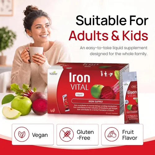 Vista 5 de hübner Iron Vital Suministro de hierro líquido más vitamina C, suplemento dietético para adultos y niños, vegano y sin gluten, sabor a fruta, caja