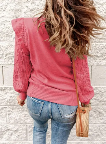 Vista 3 de EVALESS Suéteres de cuello redondo para mujer, con textura, con volantes, sueltos, de punto grueso