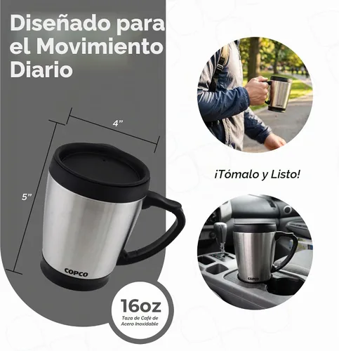 Vista 2 de Copco - Taza de café de acero inoxidable de doble pared, 16 onzas, taza de viaje aislada con tapa de rosca, a prueba de derrames, mango duradero