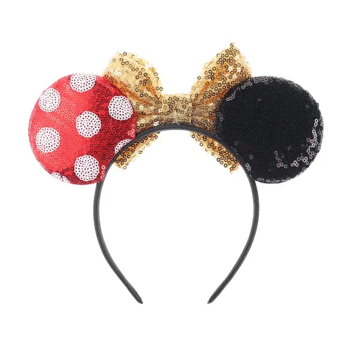 Vista 3 de JIAHANG Diadema de orejas de ratón con lazo de lentejuelas doradas, decoración de fiesta, disfraces, accesorios para el cabello para mujeres y niñas