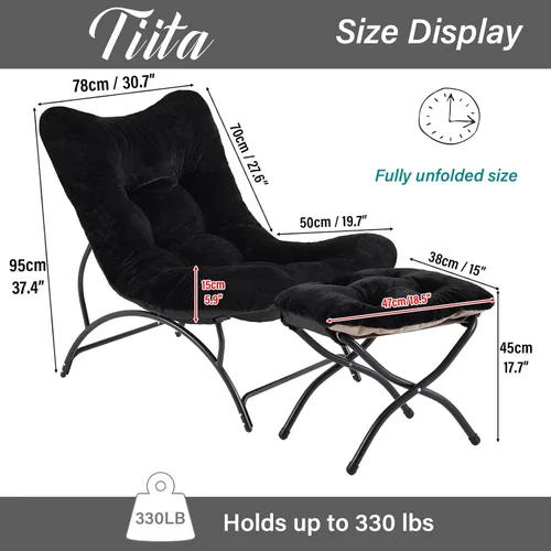 Vista 3 de Tiita - Silla acentuada perezosa con otomana, cómoda silla de ocio con estructura metálica y tela de felpa, silla reclinable acogedora con asiento