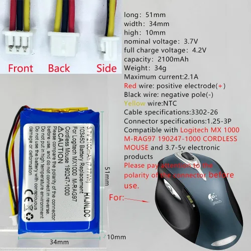 Vista 2 de DC 3.7v 103450 2100mAh batería recargable de polímero de litio para Logitech MX1000 MX-1000 M-RAG97 ratón inalámbrico Bluetooth 190247-1000