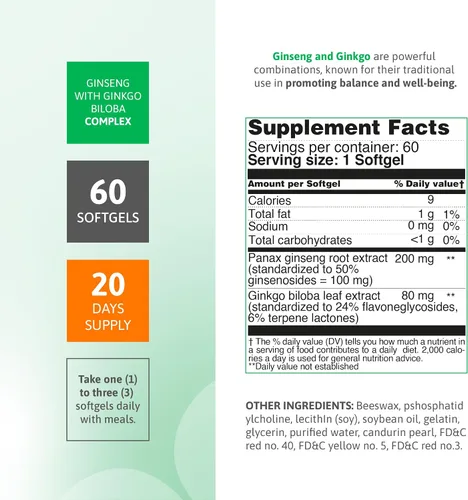 Vista 2 de Panax - Extracto de ginseng de 200 mg y complejo de ginkgo biloba de 80 mg, 60 cápsulas blandas, fórmula energética y concentración, suplemento
