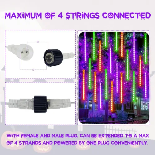 Vista 6 de Paquete de 2 luces de Halloween para exteriores, 16 tubos y 384 luces LED de lluvia de meteoritos Extendable, Timer, Waterproof Halloween String