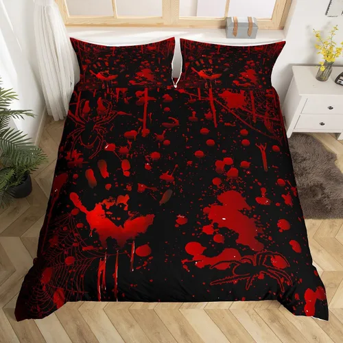 Vista 14 de Funda de edredón con diseño de murciélago, juego de ropa de cama de murciélago negro y naranja, funda de edredón temática de Halloween