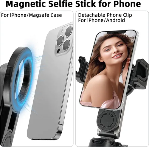 Vista 2 de WOVTE Palo selfie magnético 4 en 1, trípode MagSafe de bolsillo portátil para iPhone con control remoto desmontable, rotación de 360° para iPhone