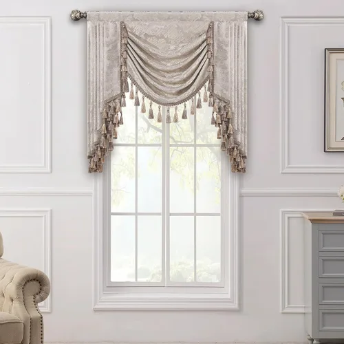 Vista 33 de Loom and Mill Cenefa de cascada de lujo de jacquard para sala de estar, elegantes cenefas de ventana con festones y cuentas damascadas, cortinas