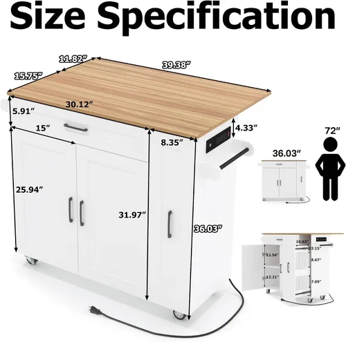 Vista 2 de Isla de cocina sobre ruedas, carrito de isla de cocina rodante con encimera de hojas caídas, carrito de islas modernas con tomas de corriente